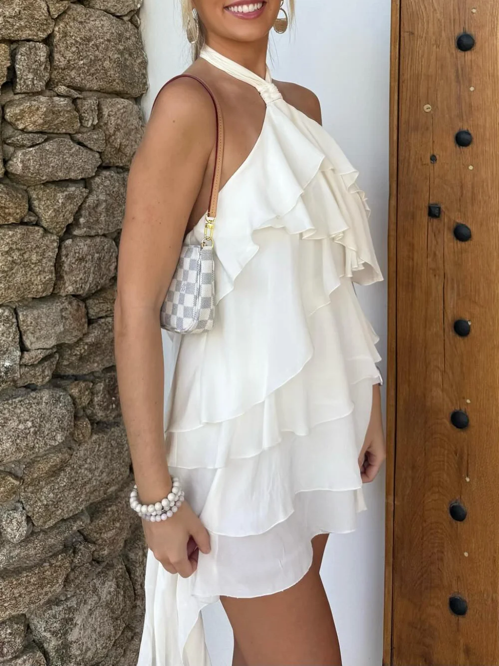 

Women's Fashion Dresses Solid Halter Neck Sleeveless Backless Tierred Decorate Zipper Female Summer Chic Mini Dress