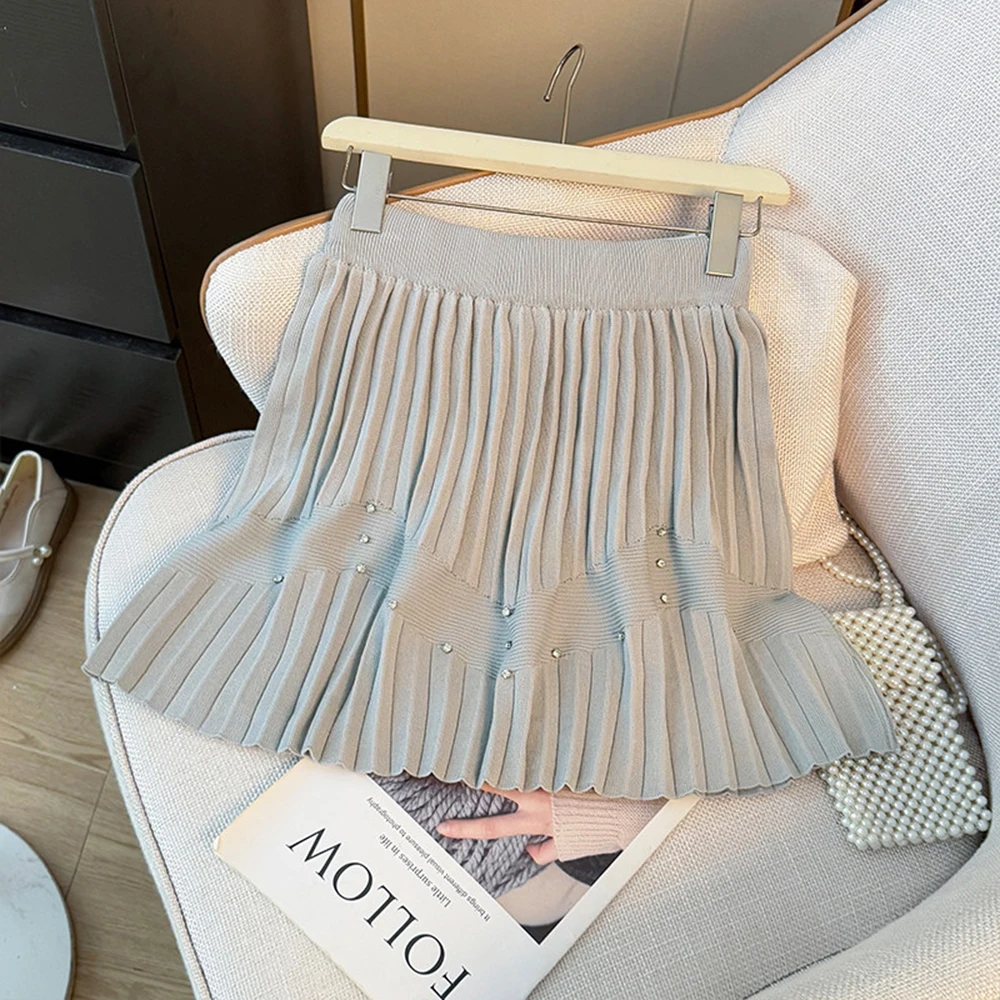 Faux Diamond Embellished Womens Short Skirt New Spring A Line Skirt Sweet Style Fashion Pleated Mini Skirt Womens Clothing