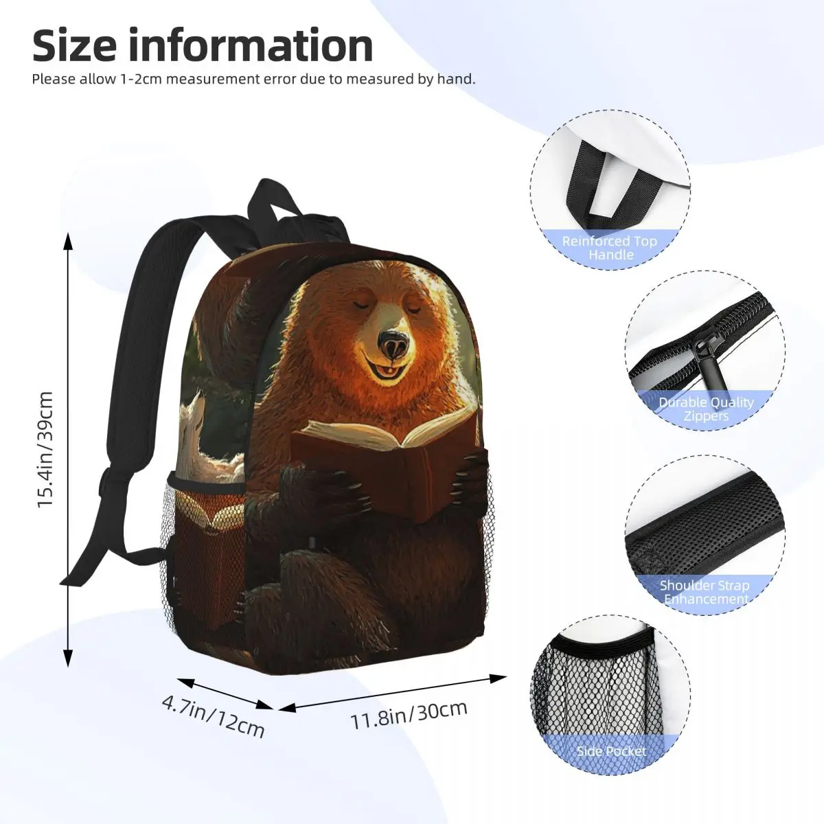 Bear Read Books In Forest Backpack Daypack Large Capacity Boys Girls BookBag Shoulder Bags for Unisex Children School Bag