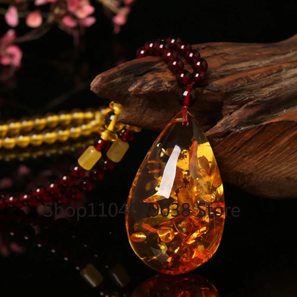 Natural Amber Pendant  Sweater Chain Women Men Chicken Butter Yellow Beeswax Pendant Ethnic Style Old Beeswax Necklace Gift