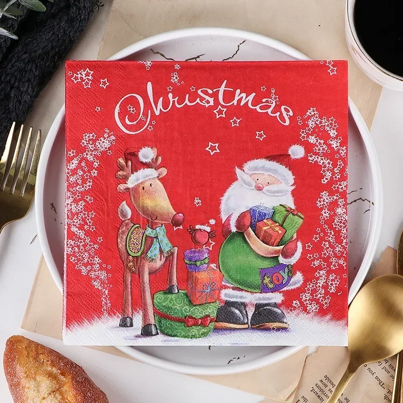 20pcs 33*33cm 2-Ply Santa Claus and His Deer Printed Napkins Restaurant Bakery Party Placemats Paper Spot Wholesale