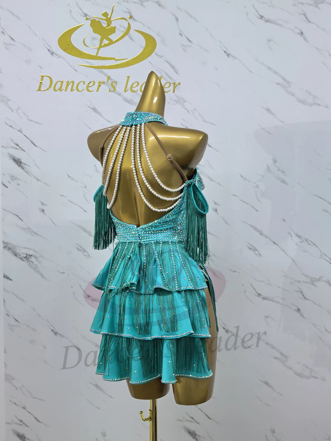 الرقص اللاتيني AB Stone أنثى الكبار الأطفال الراقية مخصصة الأخضر شرابة اللؤلؤ سلسلة سوداء بركة السامبا الأداء اللباس