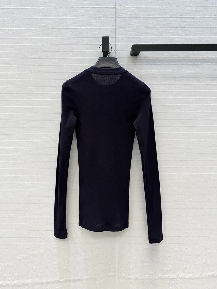 Spring Summer Fashion Navy Blue Vintage Slim Cotton Knitting T-Shirts Women's Henley Collar Button Long Sleeve Casual Tops