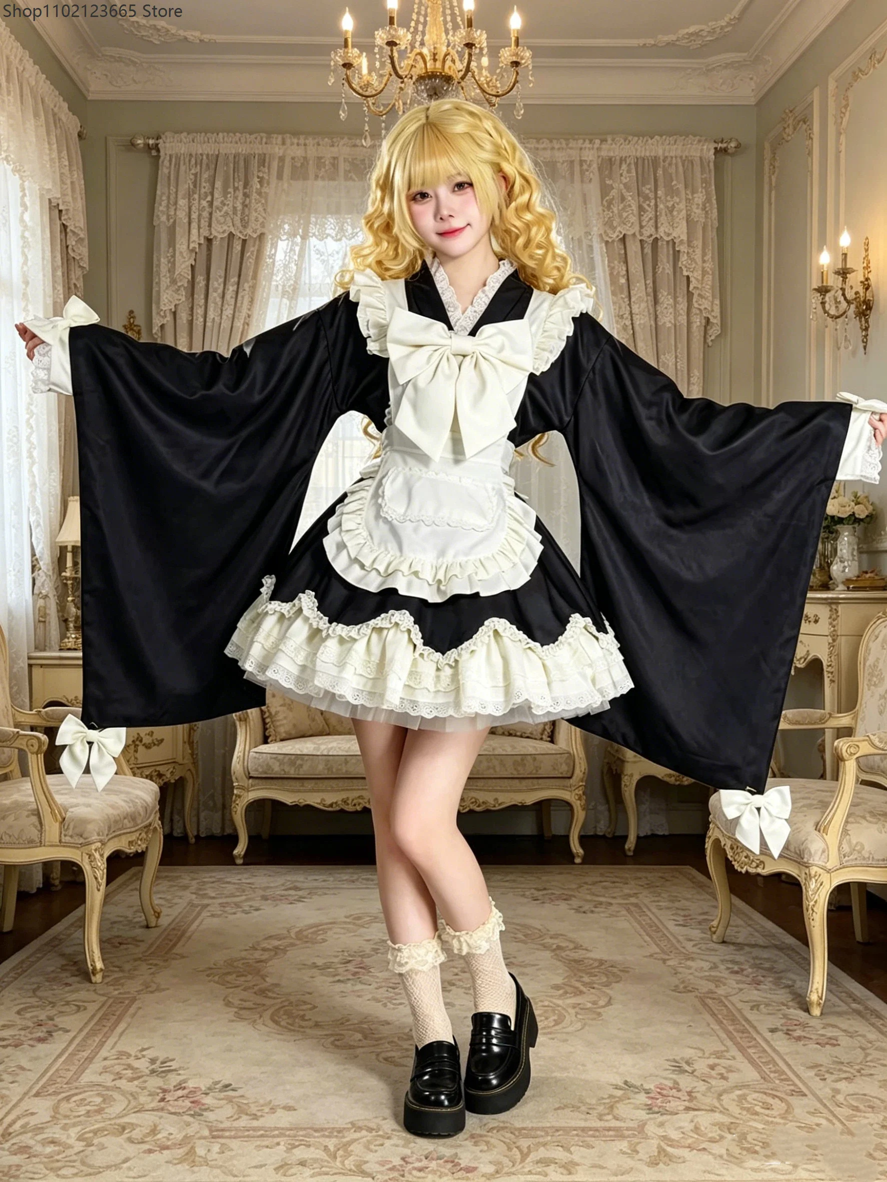 Japanisches Anime Süßes Niedliches Lolita Dienstmädchen-Kostüm Cosplay-Kleid Chica Damen Elegantes Tailliertes Kleid mit Flügelärmeln