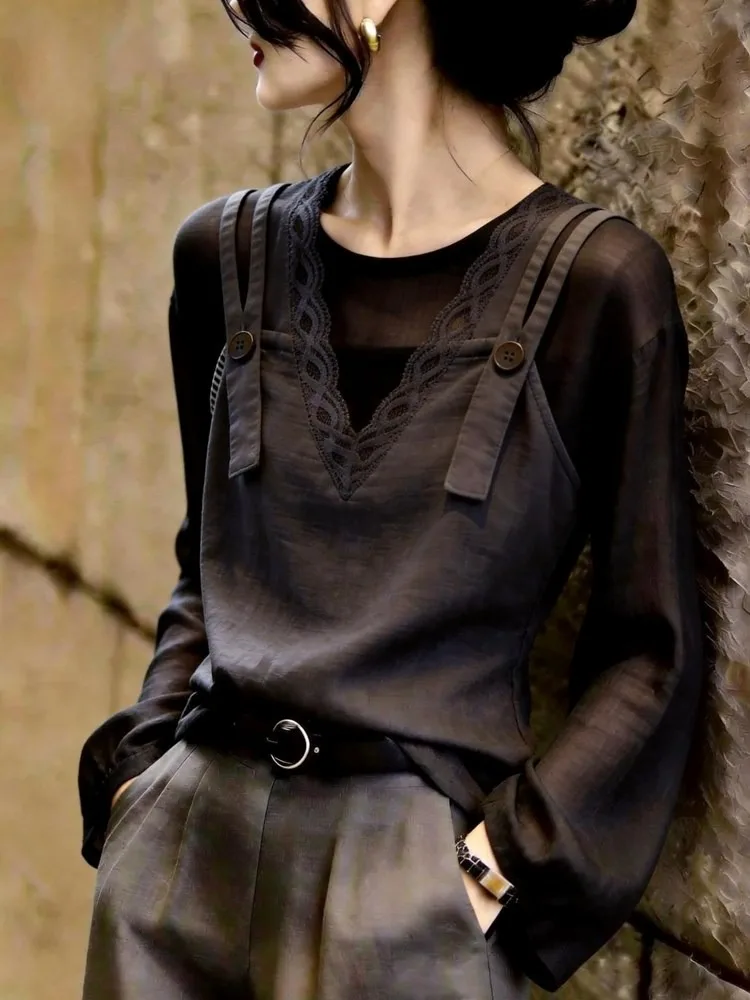 Charcoal Grey Casual Shirt Elegant Soft Commute Fashion Women's Premium Feel Top French Style Loose Fit Long Sleeve T-shirt