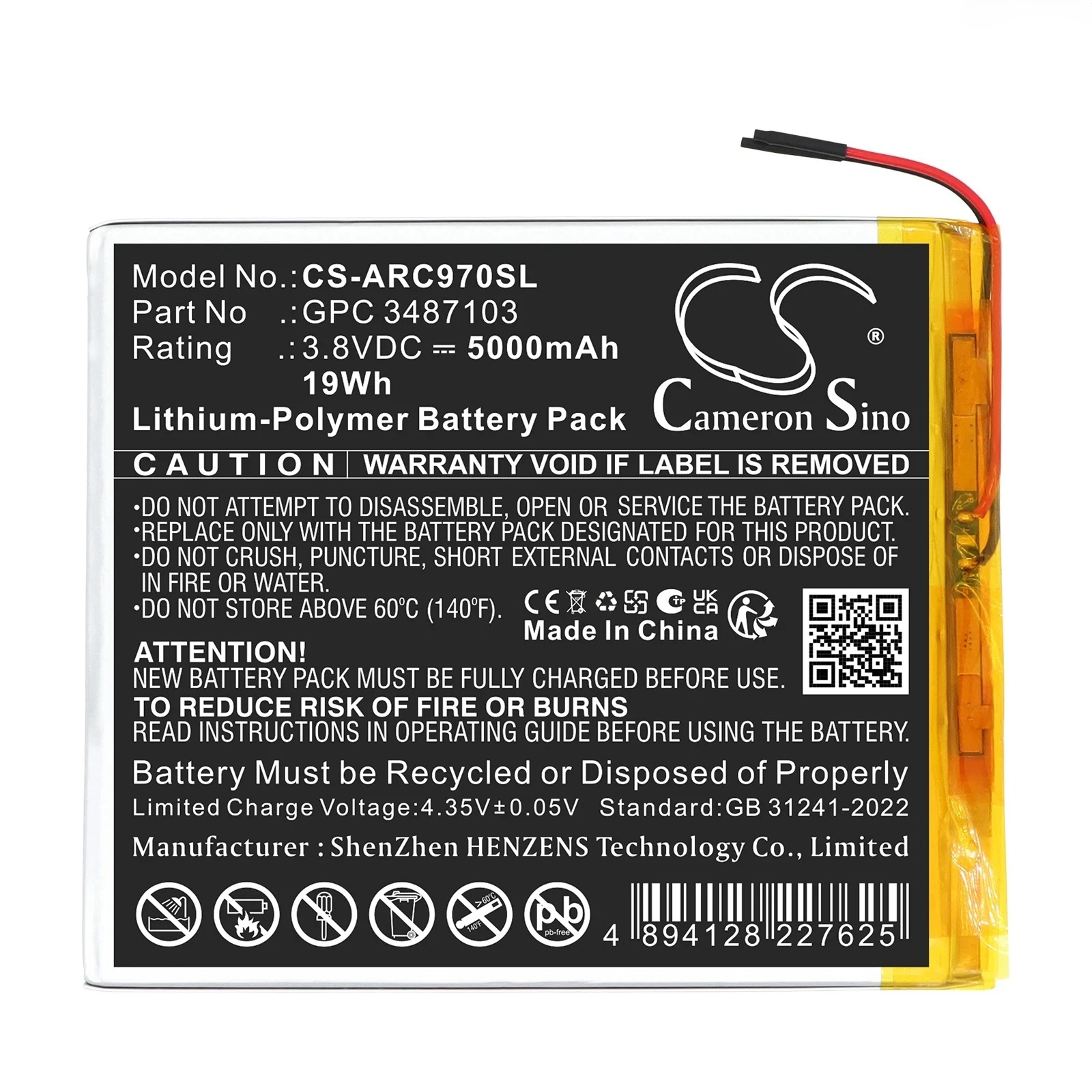 Cameron Sino 3.8V 5000mAh Replacement Tablet Battery GPC 3487103 for Archos AC97CPL 97C Platinum