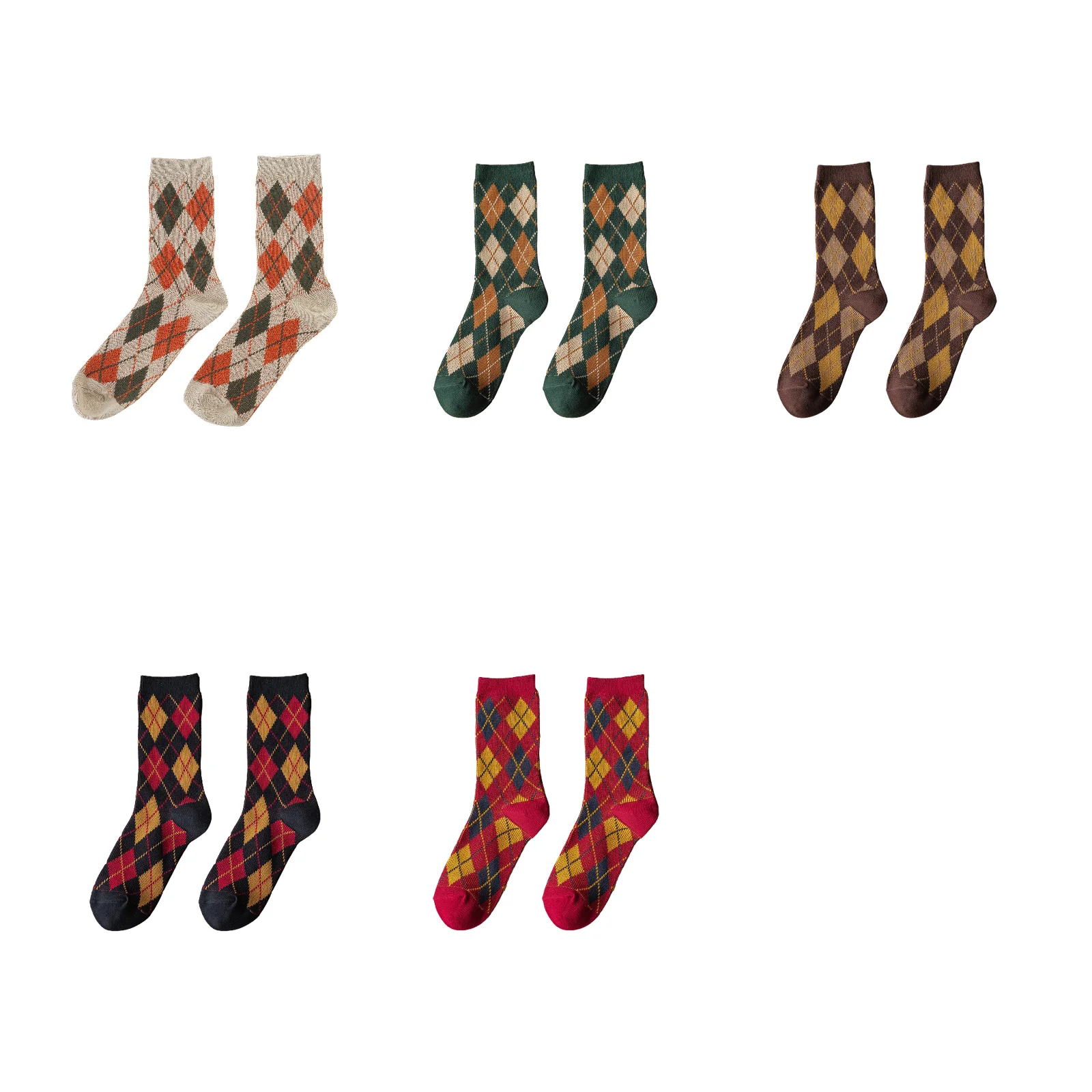 Retro three-dimensional diamond plaid cotton socks ethnic style five-color suit (khaki/green/coffee/black/rose red)