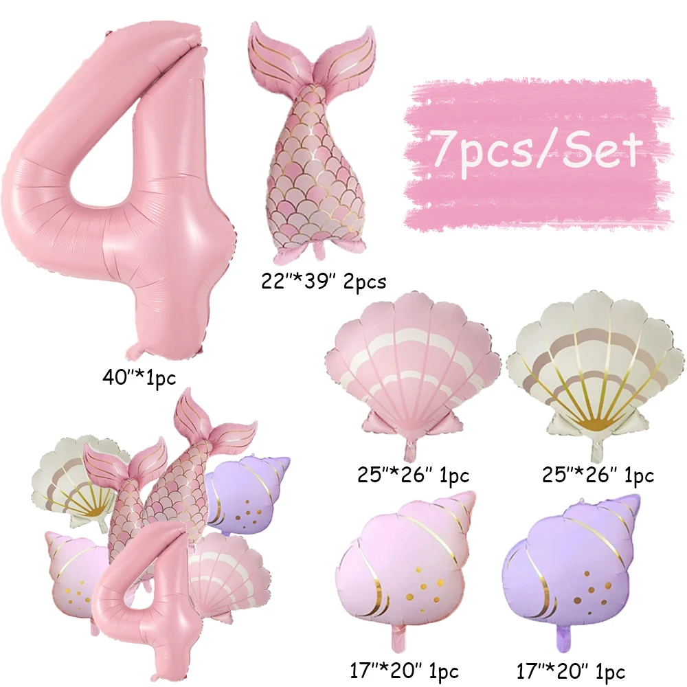 7pcs Ocean Mermaid Tail Shell Conch Balloon Set Pink 0-9 Number Foil Balloon Undersea Birthday Party Decor Baby Shower Supplies view 3