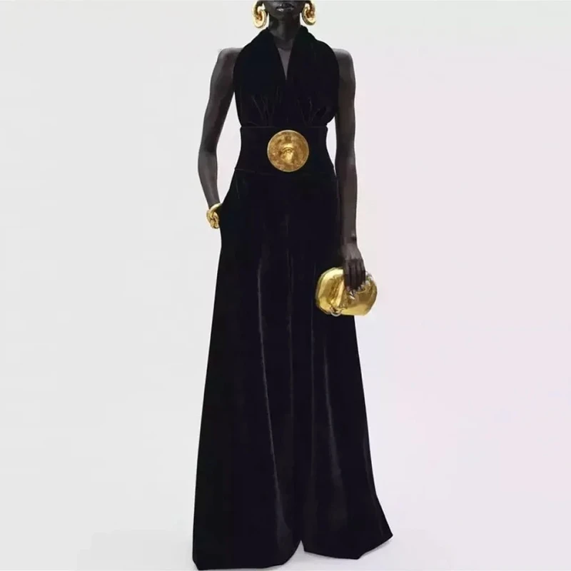 

Black Slimming Spliced Sequined Fashion Jumpsuits for Women Halter Sleeveless Backless High Waist Jumpsuit Female