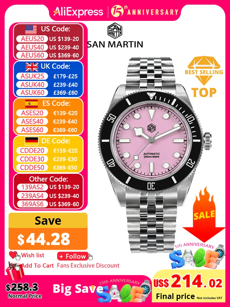 San Martin 40mm Pink BB Diver Watch NH35 Top Brand Classic Luxury Men's Automatic Mechanical Sapphire Waterproof 200m SN0128