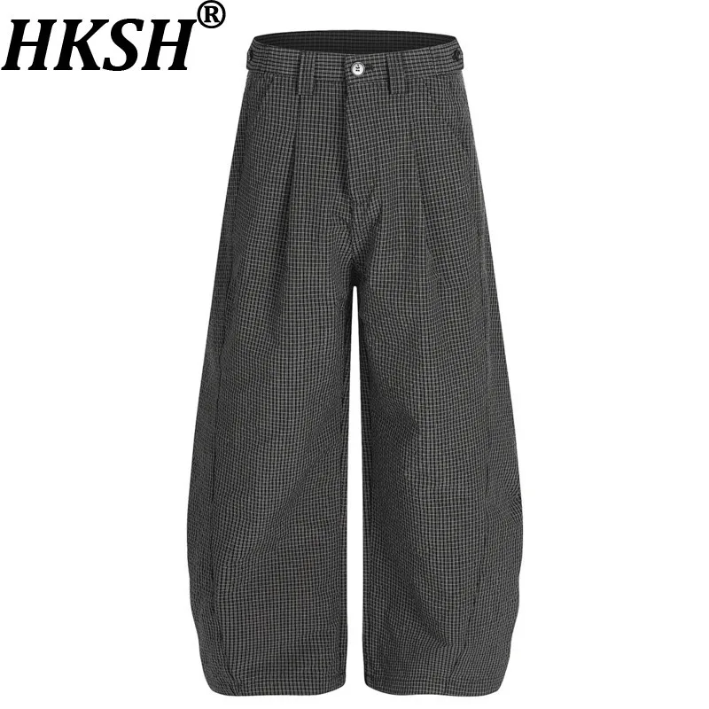 

HKSH Spring Autumn New Man Trendy Chic Textured Plaid Pleated Suit-Pants Loose Elegant Fashion Wide-Leg Casual Pants Ins HK13483