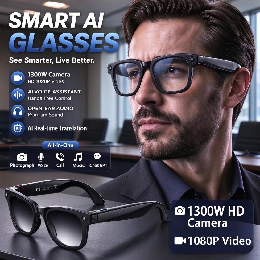 AI Smart Glasses 13MP Camera Video Recording AI Photo Recognition Answer Sunglasses Bluetooth Call Music Anti-blue Light Glasses