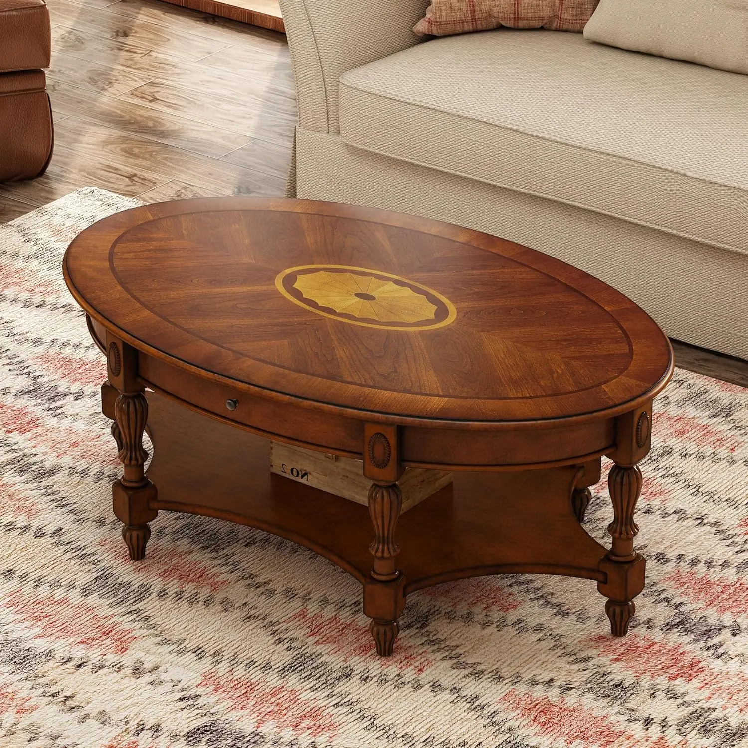 Solid Wood Oval Coffee Table with Drawer and Shelf,44.9