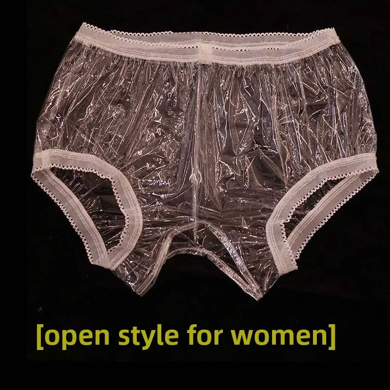 Slip da donna a vita media con apertura sul cavallo ultrasottile completamente trasparente in pellicola di plastica EPU in pizzo aperto da donna sexy completamente anti-fouling