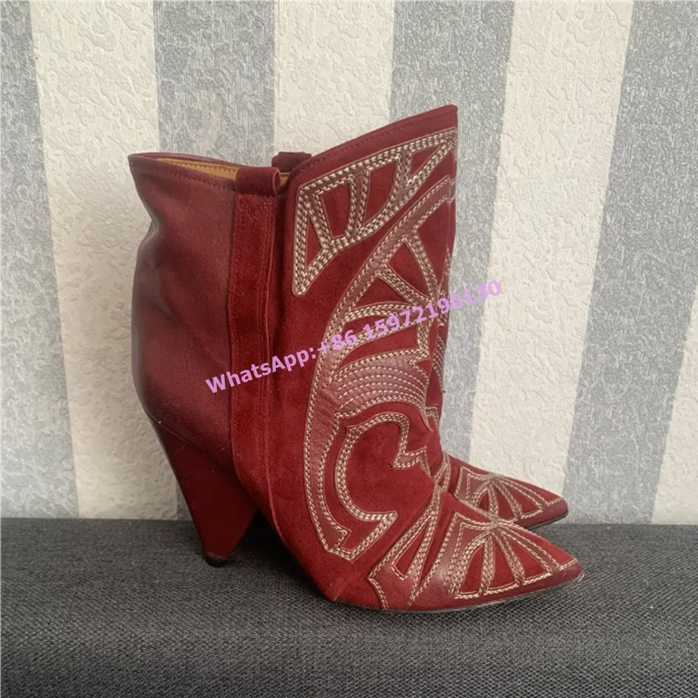

Retro Embroidery Red Ankle Boots Pointy Toe Hoof Heels Slip On Solid Shoes West Style Cowgirl Sewing Winter Short Shoes 2025