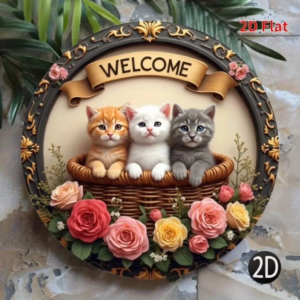 Vintage Cute Three Kittens in Wicker Basket with Pink Roses HD Print Metal Tin Sign – Featuring Fluffy Orange White and Gray Cat