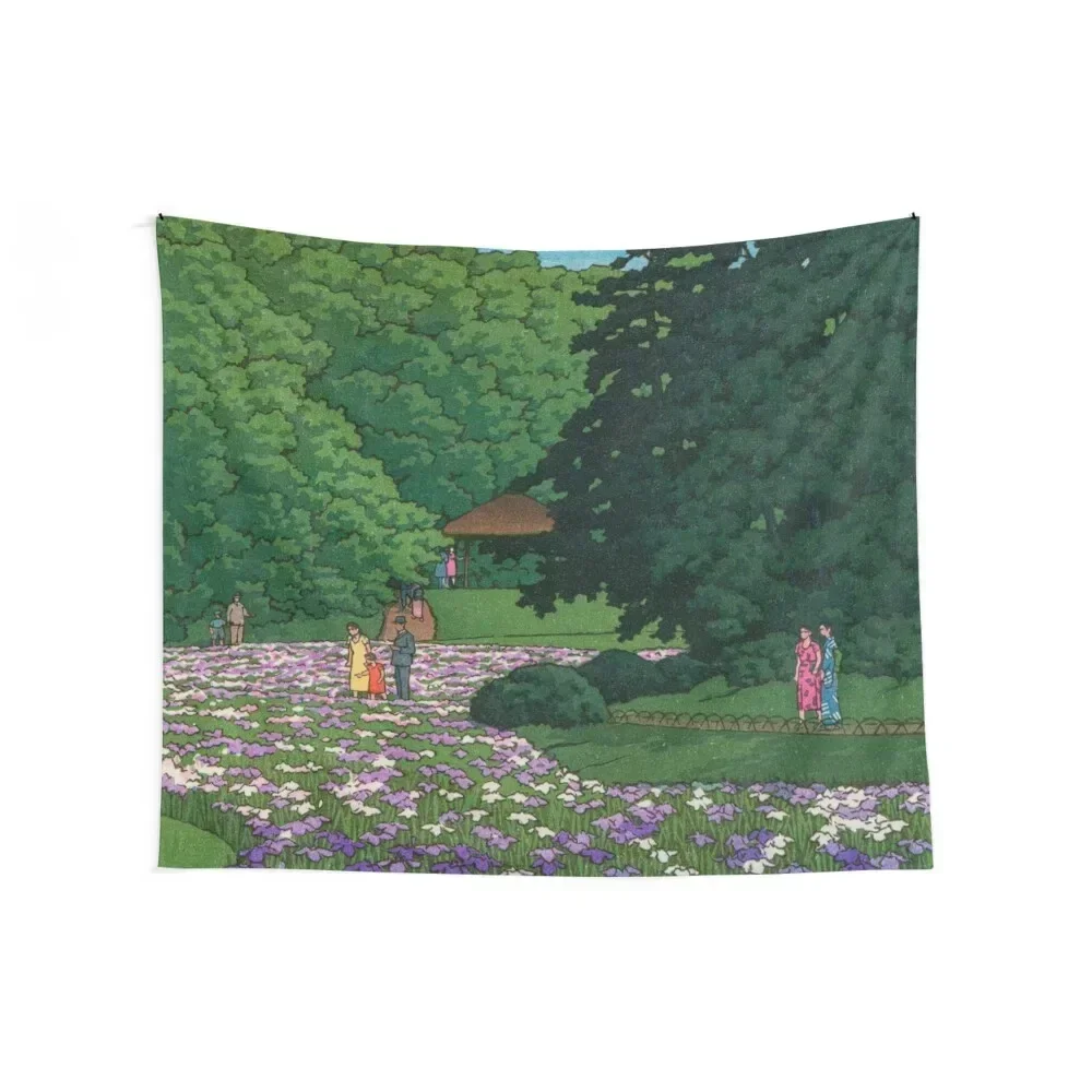 Iris Garden at Meiji Shrine, Tokyo Japanese Woodblock Print Vintage East Asian Art by Kawase Hasui Tapestry