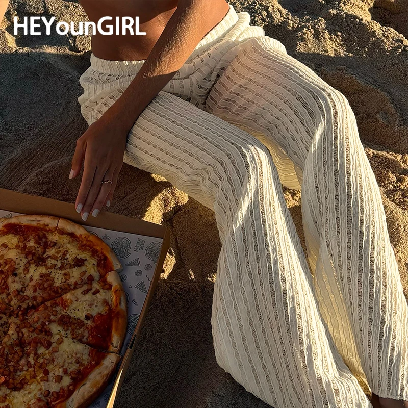 

HEYounGIRL Women Stylish Fabric Texture Beach Knitted Pants Summer Chic Fashion Straight Trousers Holiday Style Minimalist Pants