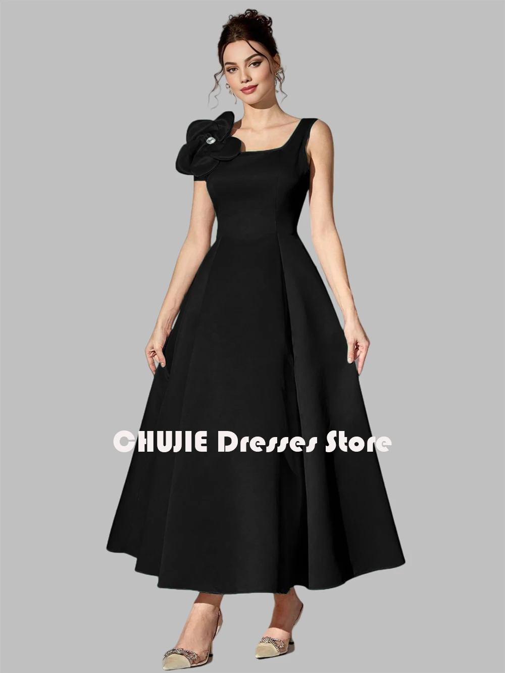 블랙 새틴 발목 기장 포켓 플라워 볼 가운 맞춤 웨딩 이브닝 드레스 여성용 신부 어머니 드레스