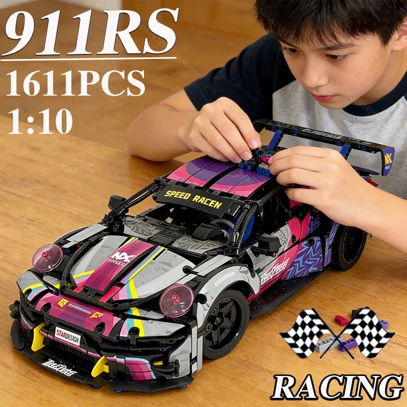 Modello Tecnico di Auto da Corsa 1:10, 1611 Pezzi, Set di Costruzioni MOC, Mattoncini per Veicoli, Giocattoli da Assemblare per Bambini