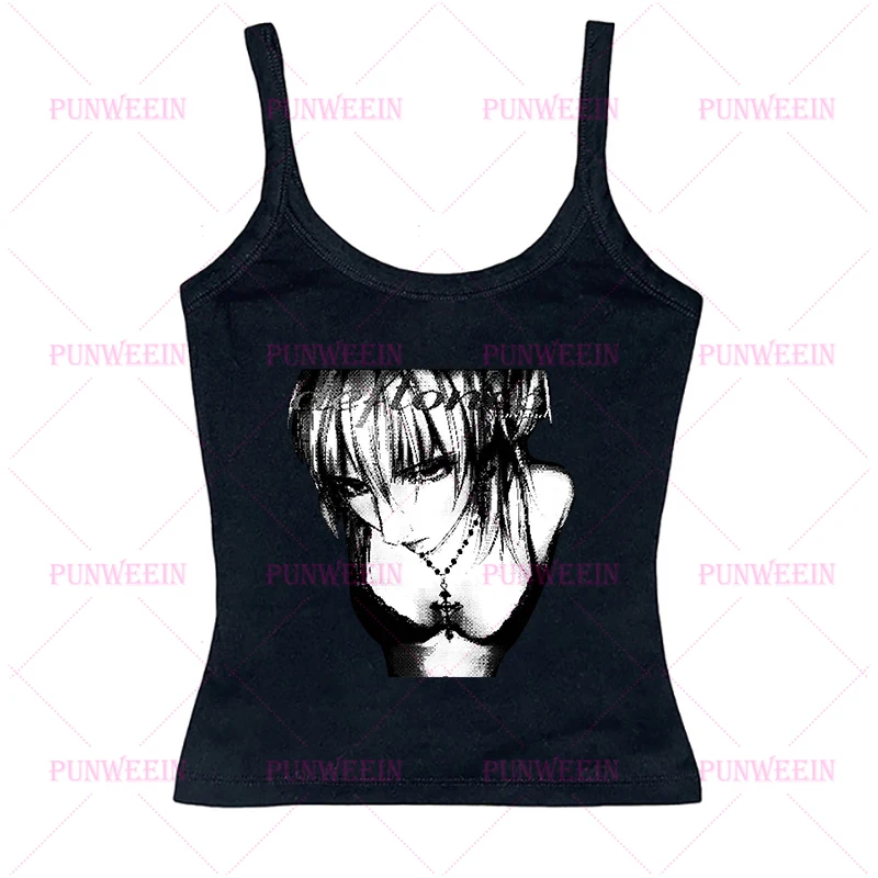 Anime 90s Vintage Japan 2000s Clothes Y2k Kitty Crop Top Women Cartoon Graphic Subculture Harajuku Gothic Band Hiphop T-Shirts