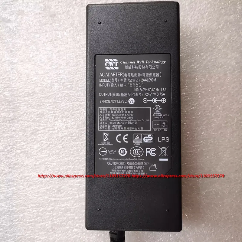 Original Channel Well Technology CWT AC Adapter Charger 24V 3.75A 90W 4PIN (Din) 2AAL090M Power Supply Genuine 5.5*2.5mm