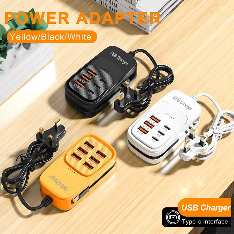 6USB/3PD3USB Universal Multi Port Charger With Built-in Extension Cable Type-c Cable Plug-in Charging Head Convenient Durable