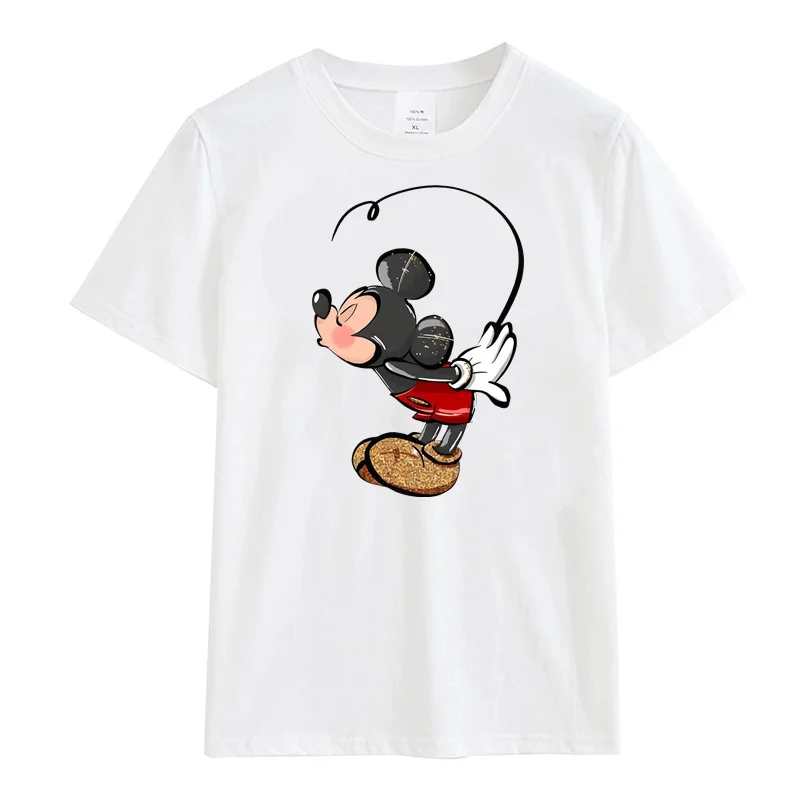 Camiseta estampada feminina de Mickey e Minnie Mouse, extragrande, algodão, manga curta, gola redonda, blusa casual feminina, verão