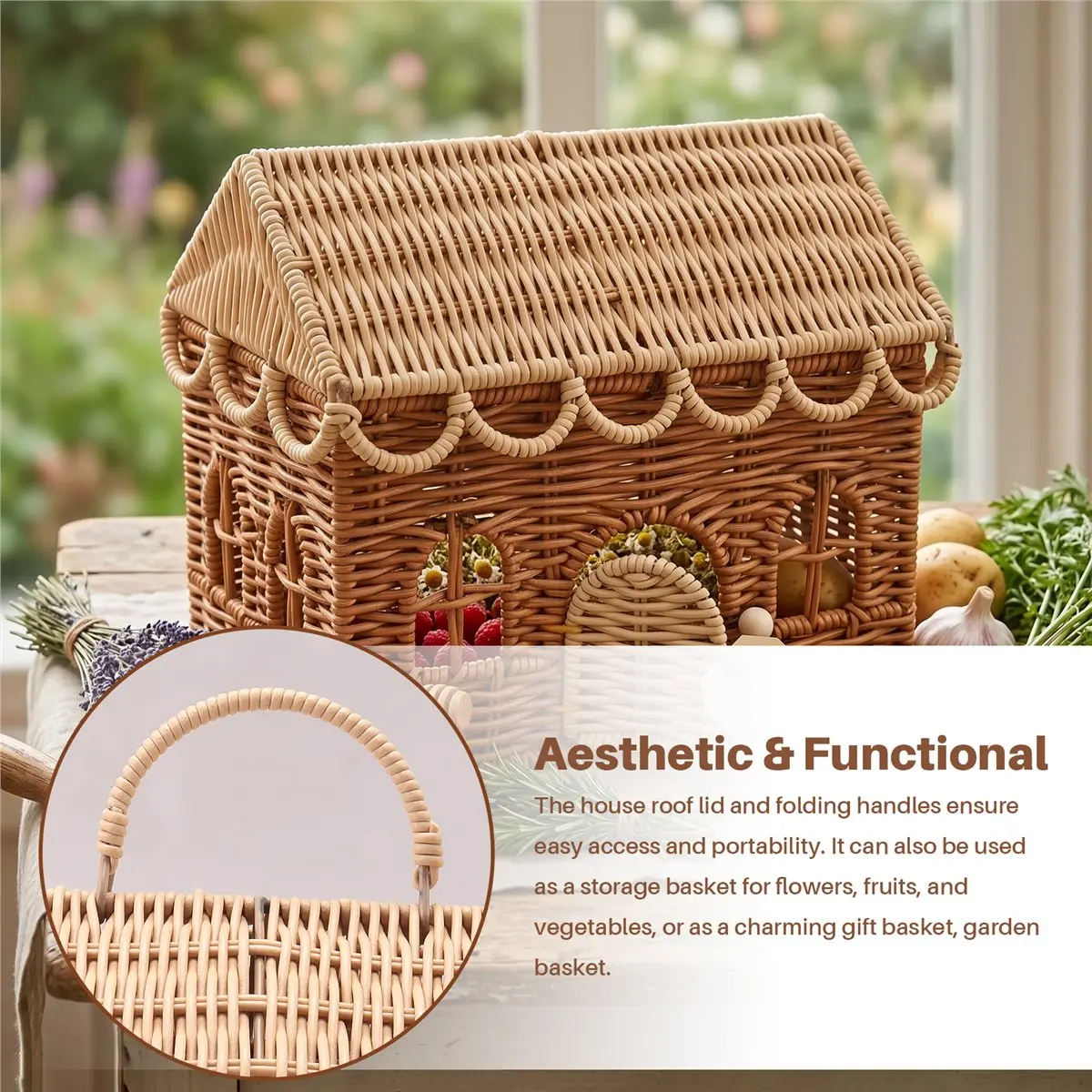 Nices Rattan House Shaped Basket, Decorative Hand Woven Shelf Organizer with Folding Handle,Harvest Wicker Basket