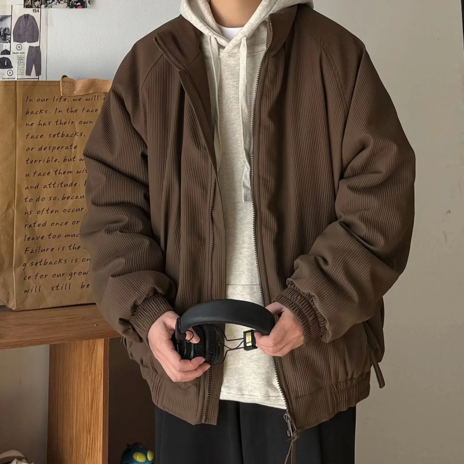 

Retro American Cotton Jaet Thiened Stand Collar Loose Fit ex Casual Sle Winter Outerwear Faionable Streetwear