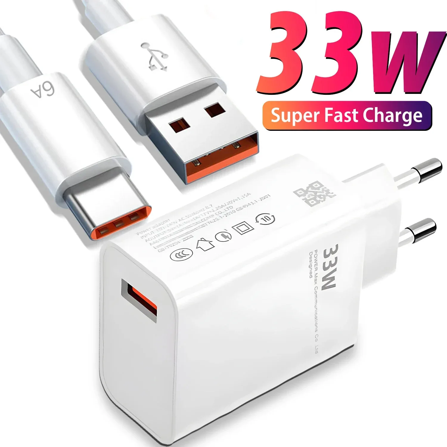 Cargador Rápido USB de 33W QC 3.0 6A con Cable USB C, Adaptador de Pared para Xiaomi Redmi K30 K40 iPhone Samsung Huawei, Enchufe EU/US, Carga Rápida