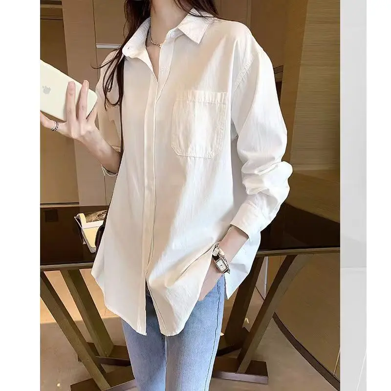 

Female Adding Velvet Thickening New Leisure Loose Fitting Versatile Solid Color Long Sleeved Shirt Women Fashionable White Shirt