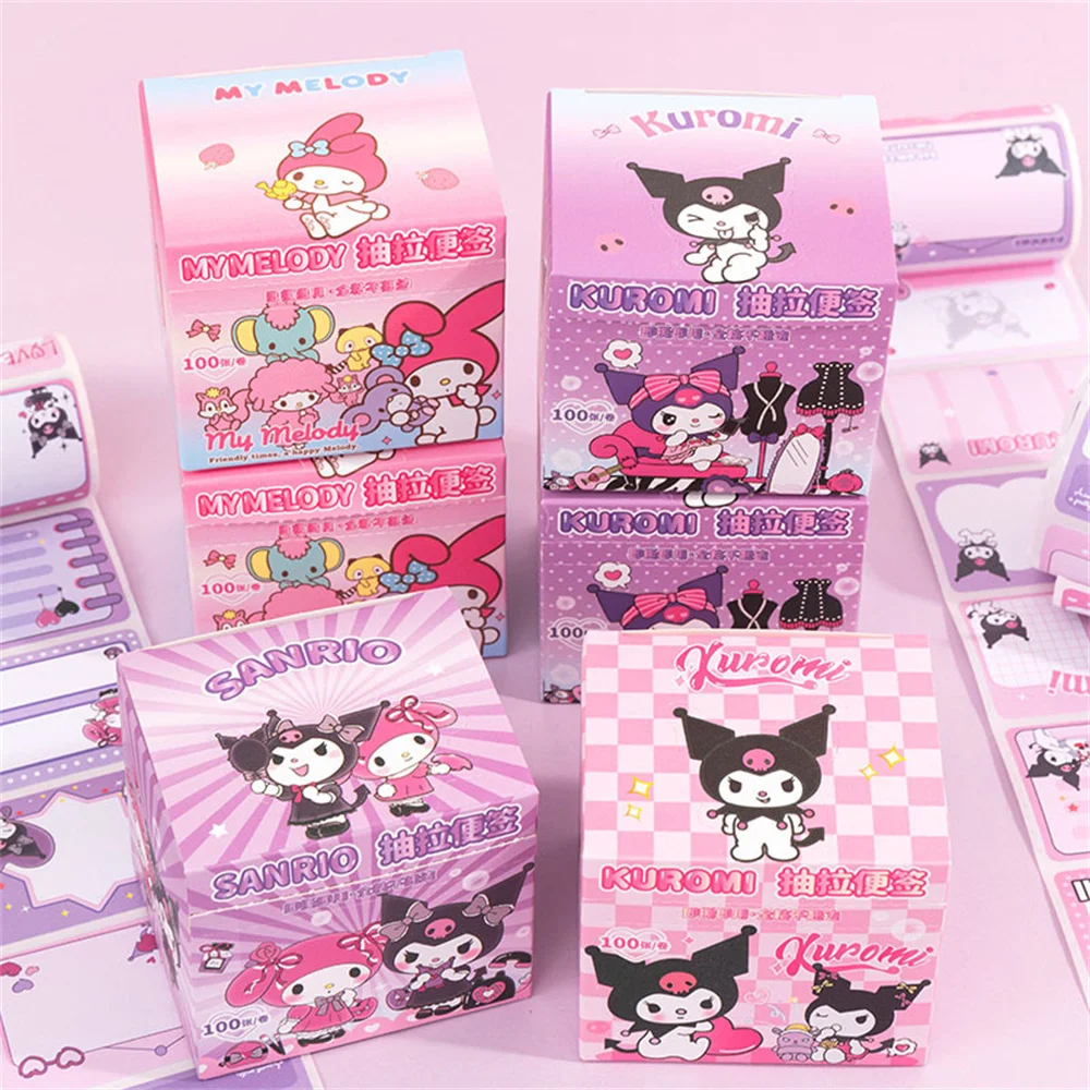 New 100Pcs Sanrio Sticky Note Stickers Cute Kuromi Melody Hand Made Accessories Paper Glue Tape Sticker Kid Toys