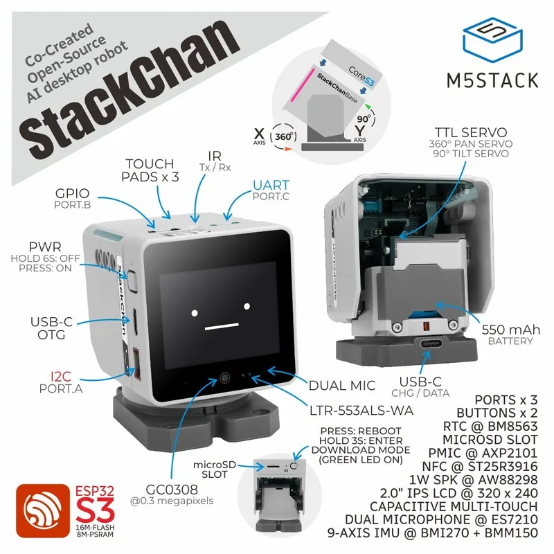 M5Stack Official StackChan: Kawaii Co-Created Open-Source AI Desktop Robot(ESP32-S3)