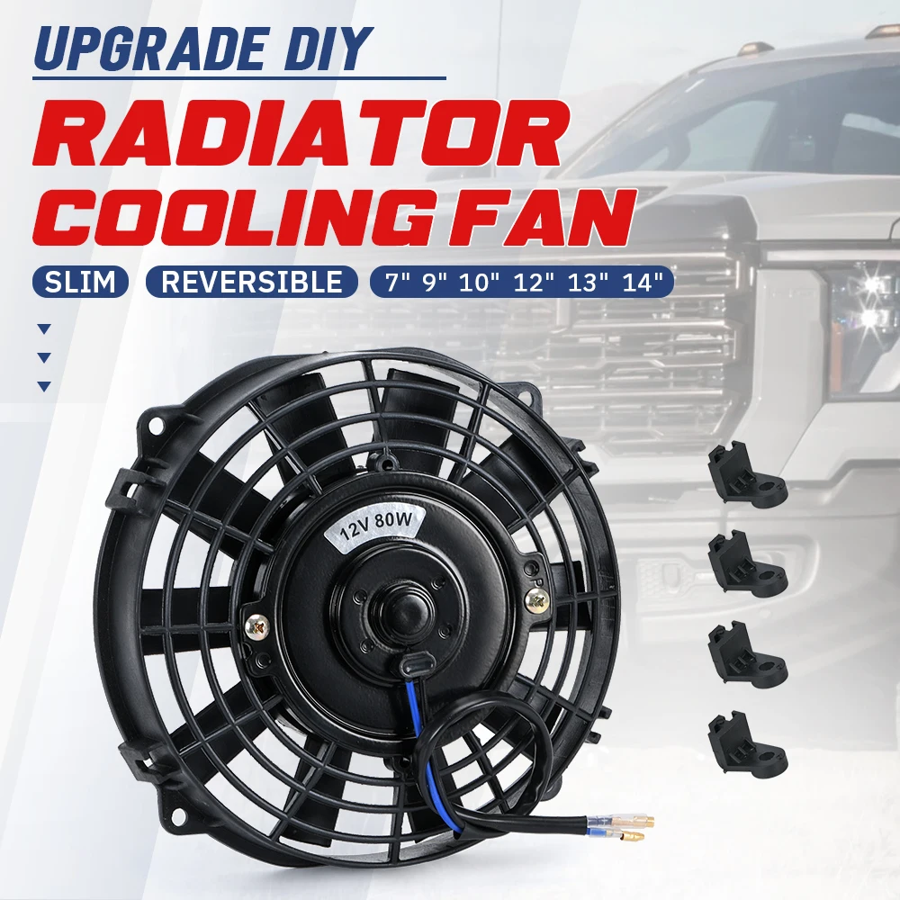 Free Shipping 7 9 10 12 13 14 Inch Universal 12V 80W Slim Reversible Black Blade Electric Cooling Radiator Auto Fan Mounting Kit