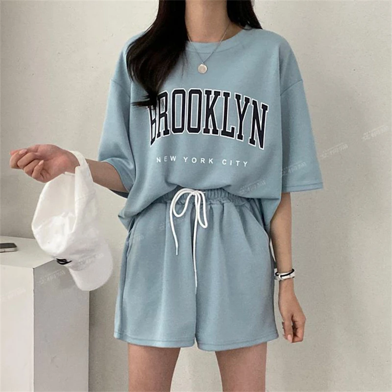 Two Piece Set for Women 2024 Summer Trendy Letter Print Oversized Short Sleeve T-shirt Casual Sports Joggers Beach Shorts Outfit