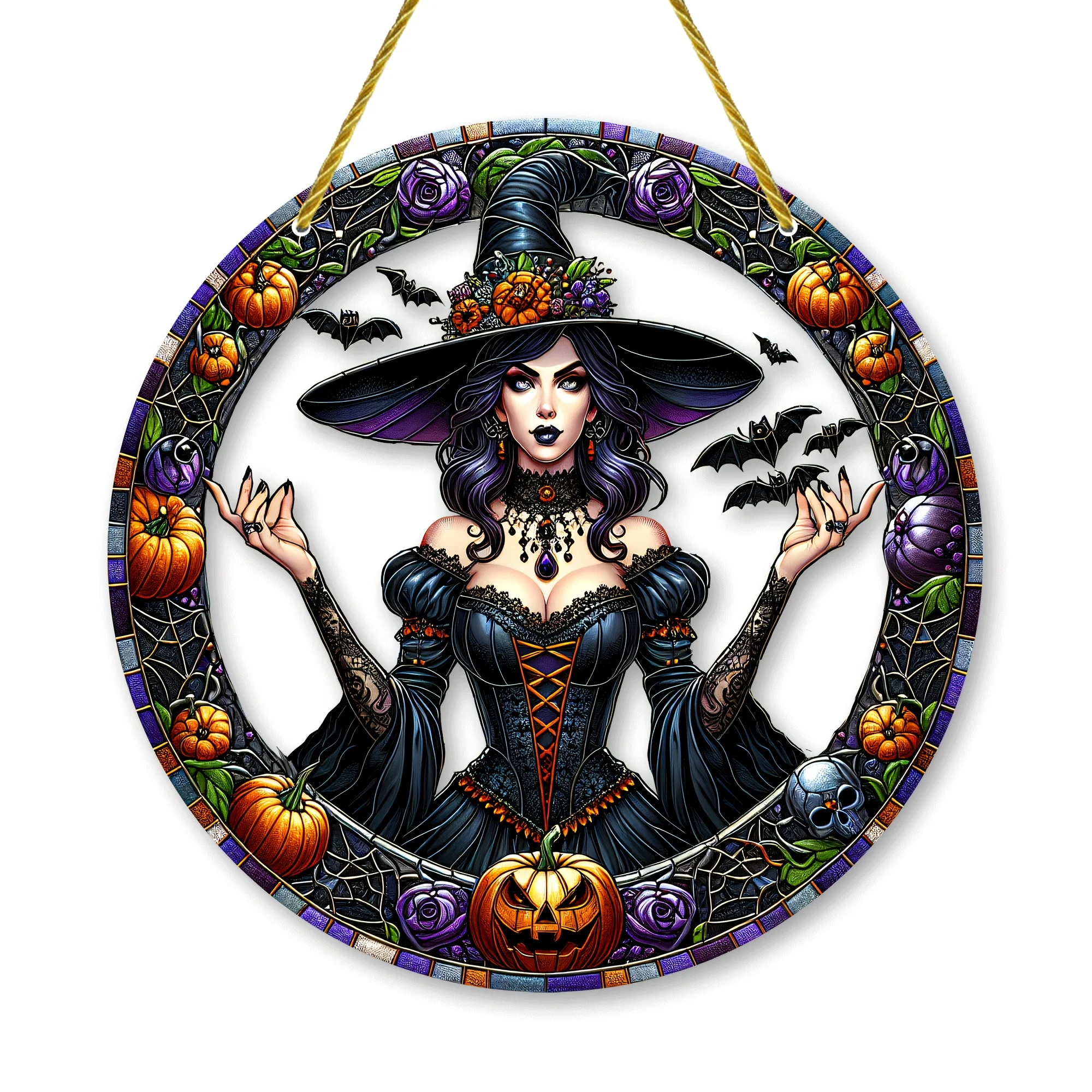 Witch and Bat Sun Catcher - Acrylic Round Garland, Stained Glass Window Decor, Suitable for Home, Party, Porch, Garden