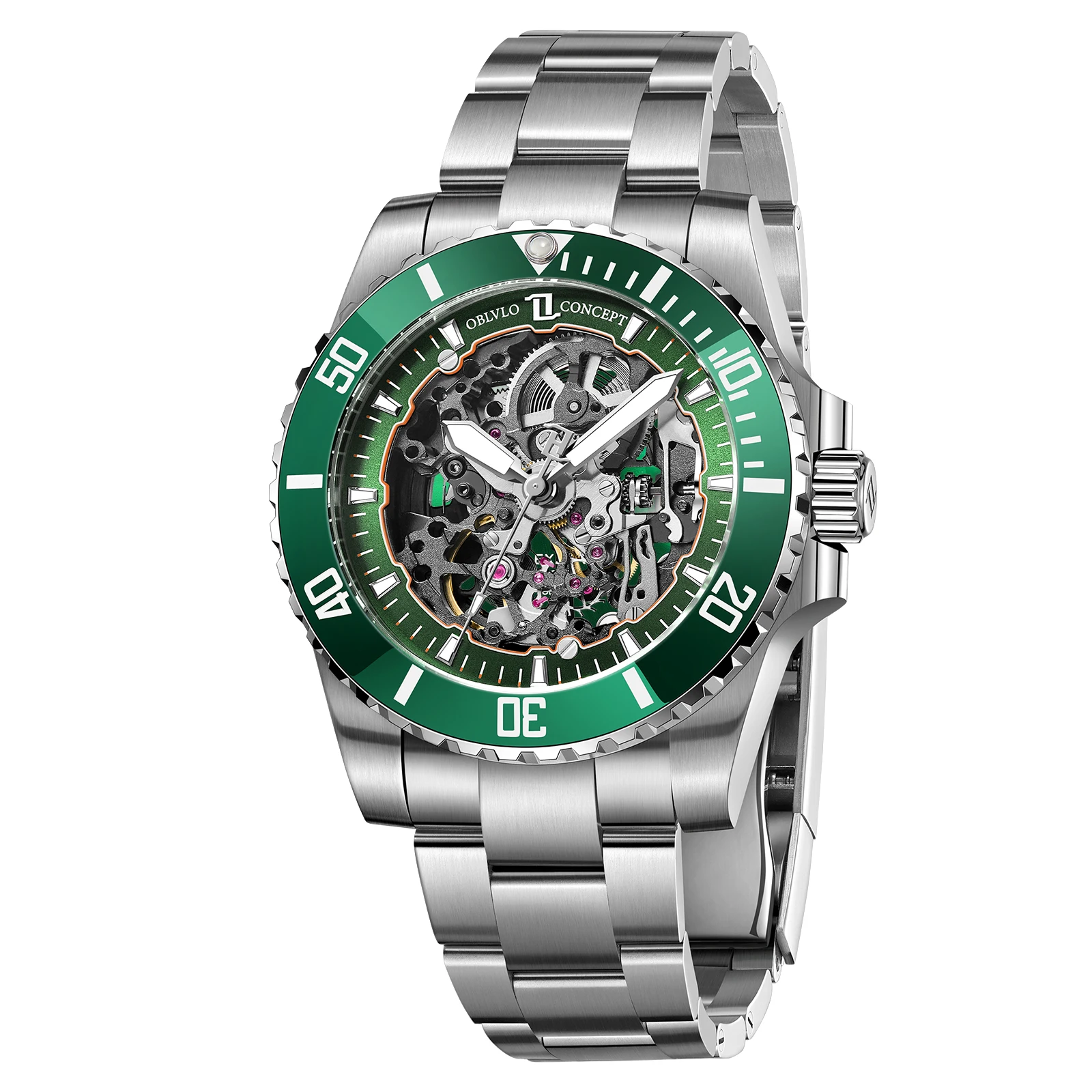 OBLVLO Luxury Men\'s Skeleton Stainless Steel Green Dial Mechanical Watch Fashion Luminous Automatic Waterproof Watches DMS