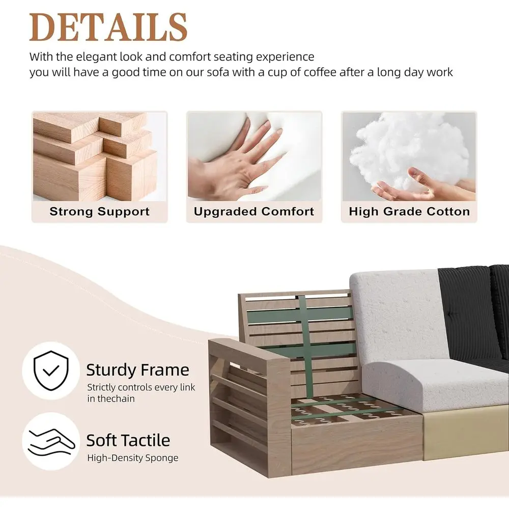 Sofá Seccional Estofado de 76 polegadas, Sofá em L com Puff de Armazenamento e Chaise Reversível para Sala de Estar, Veludo Preto