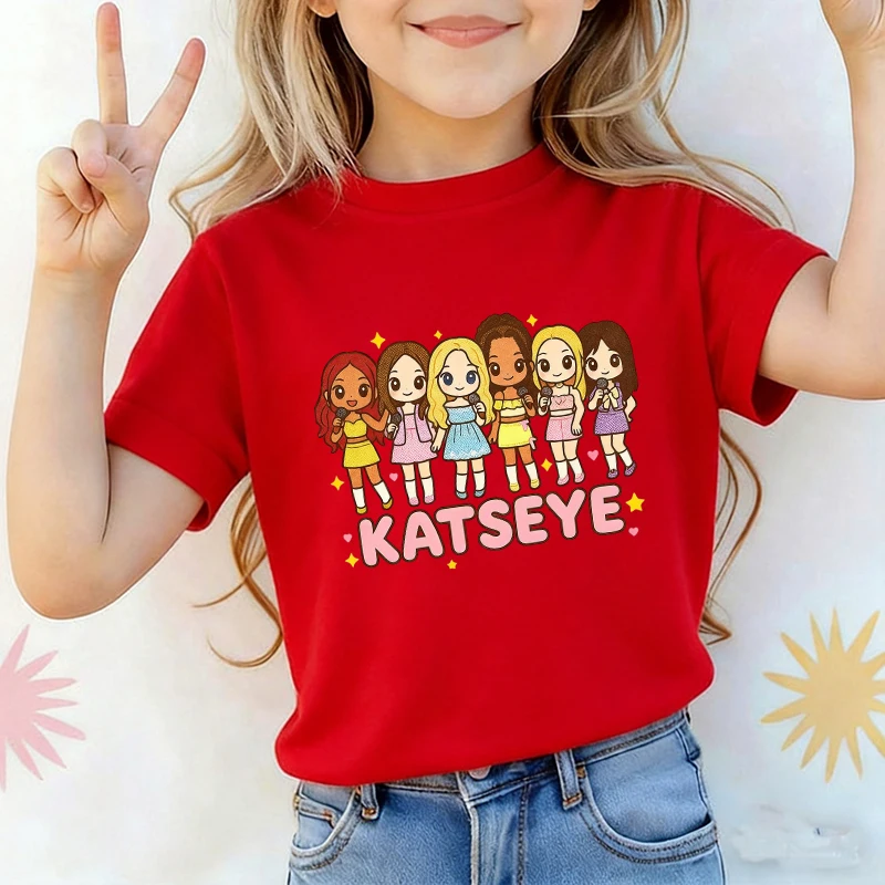Music Singer Katseye T Shirt Boys Girls Short Sleeve Cartoon T-shirt Kids Streetwear Y2K Tees Tops Summer Children's Clothing