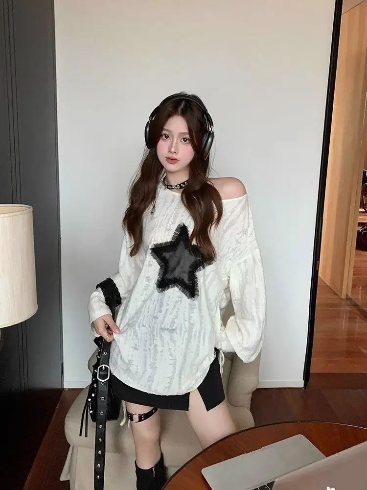 الأمريكية الرجعية طويلة الأكمام تي شيرت مائل الرقبة المرأة عادية StarPrint تيز ثقافة فرعية الهيب هوب الخريف Y2K اليابانية خمر القمم #6