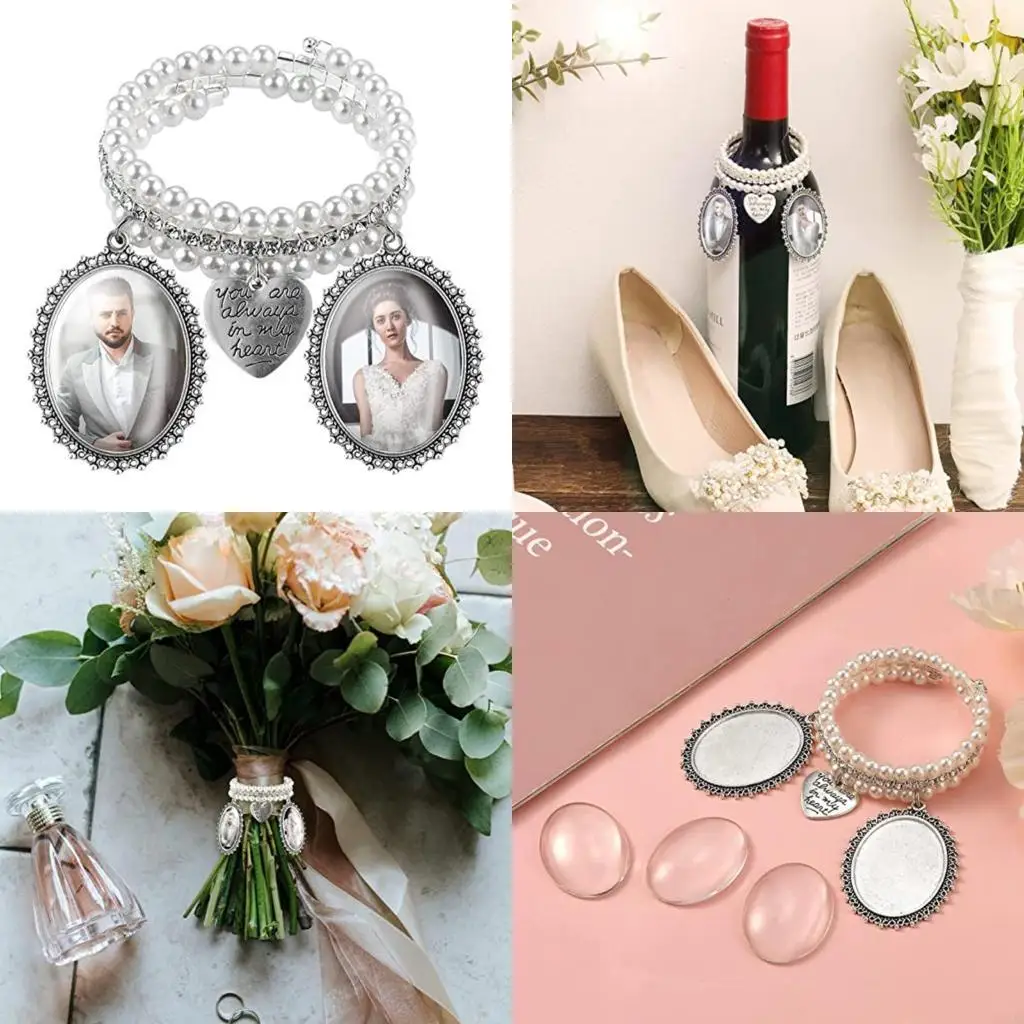 

Memorial Bouquet Charm Bangle Picture Frame Pendant Pearl Bracelets for Photo Pendant Jewelry Making Heart Oval Pendant