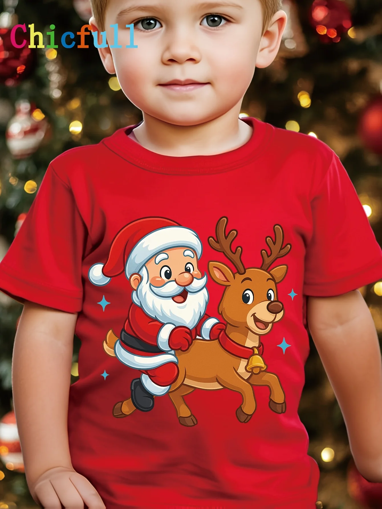 Christmas Boy Santa Claus and Elk Printed Cute and Novel Round Neck T-shirt Handsome Holiday Party Parent Child T-shirt