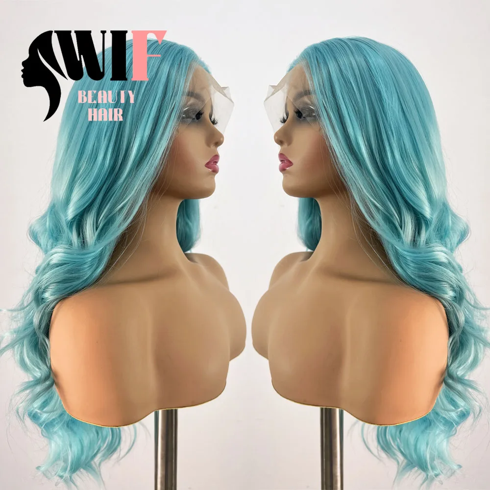 WIF Blue Color Wavy Lace Wig Body Wavy Women Use Cosplay Blue Hair Natural Hairline Heat Fiber Synthetic Wigs Party Cosplay Use