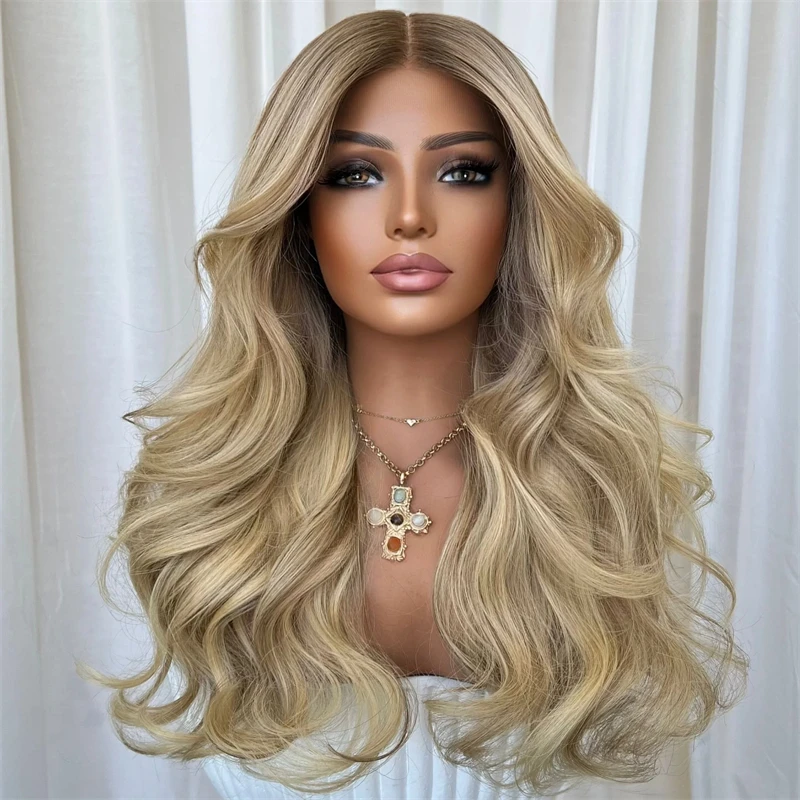 Trendy Wig 13x4 Free Part Ombre Golden Blonde Highlight Lace Front Wig with Roots Synthetic Wig Blend Human Hair Soft Body Wave