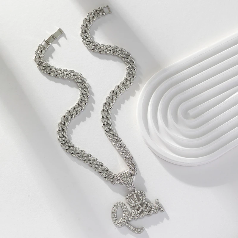 Hip Hop Crown Queen Pendant Necklace 4mm Tennis Chain Letter Necklaces For Women Gifts Hiphop Rapper Jewelry