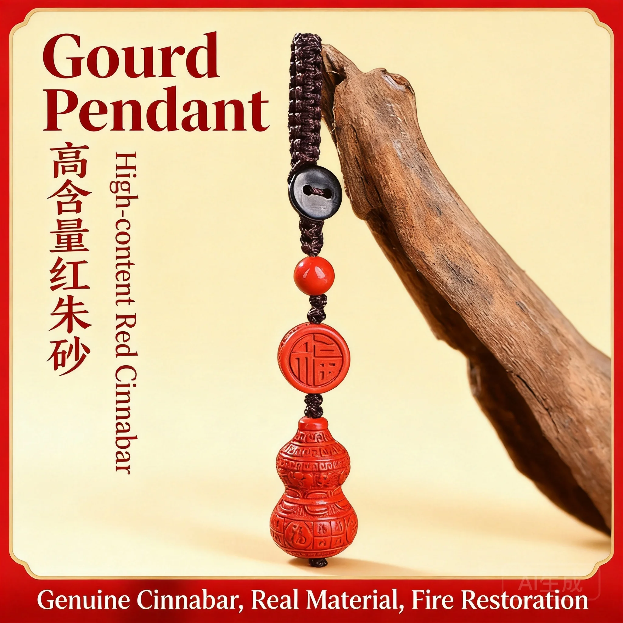 Chinese Traditional Feng Shui High Purity Red Cinnabar Gourd Keychain Lucky Blessing Fortune Attracting Good Luck Amulet Car Bag