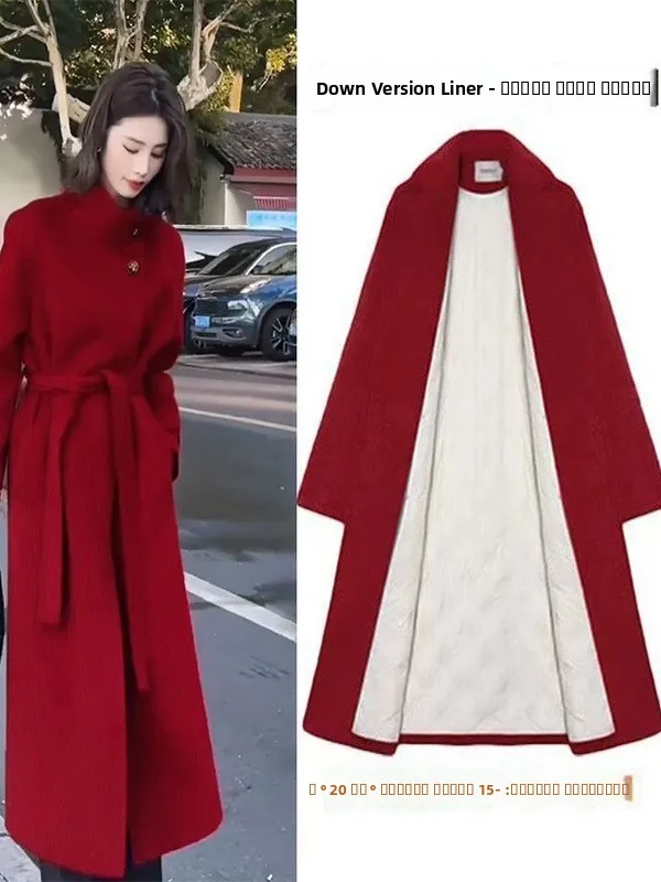 

Red Plaid Woolen Coat Women's Thiened Stand Collar Fce Lined Winter Outerwear Trendy Commute Sle Long Sve High Waist