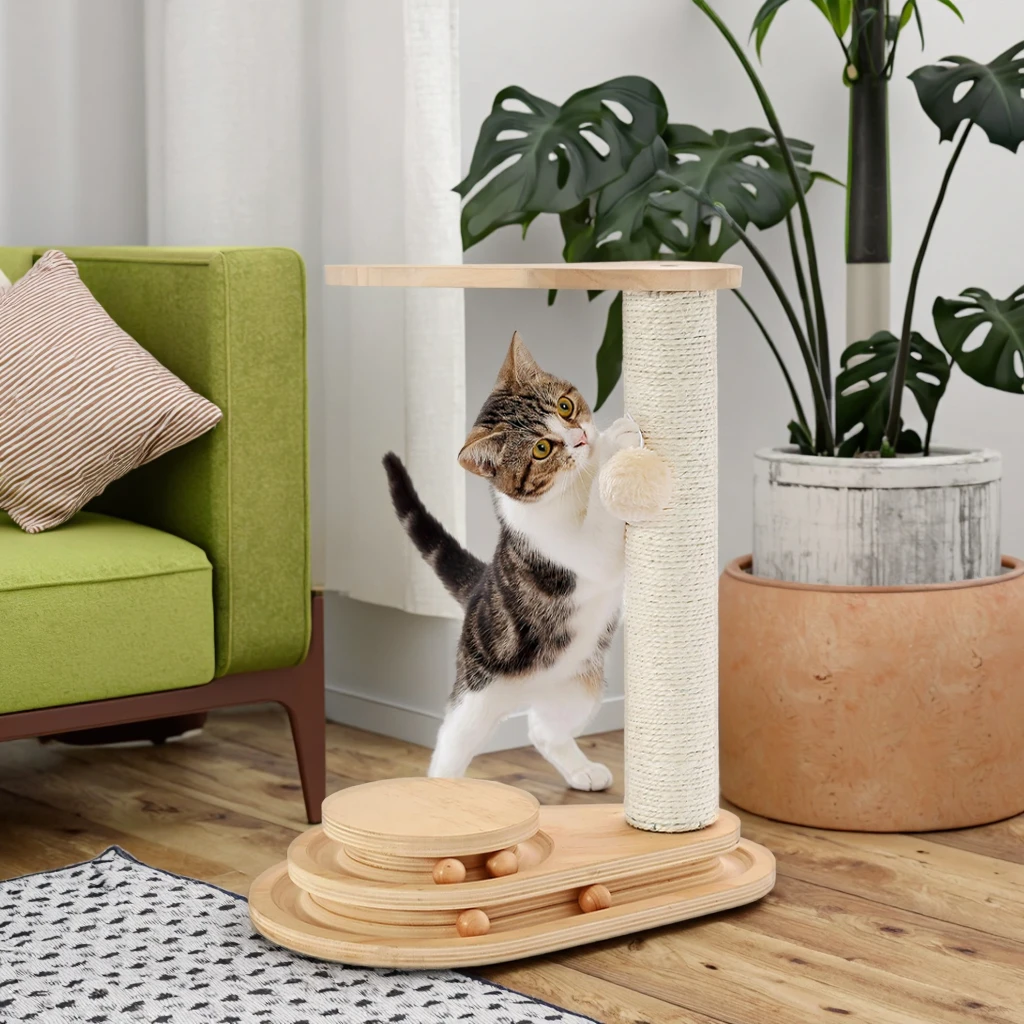 

Modern 2-Level Cat Toy Scratching Tree Solid Pine Wood with Classic Style Natural Sustainable Sisal Material Packaged in Carton