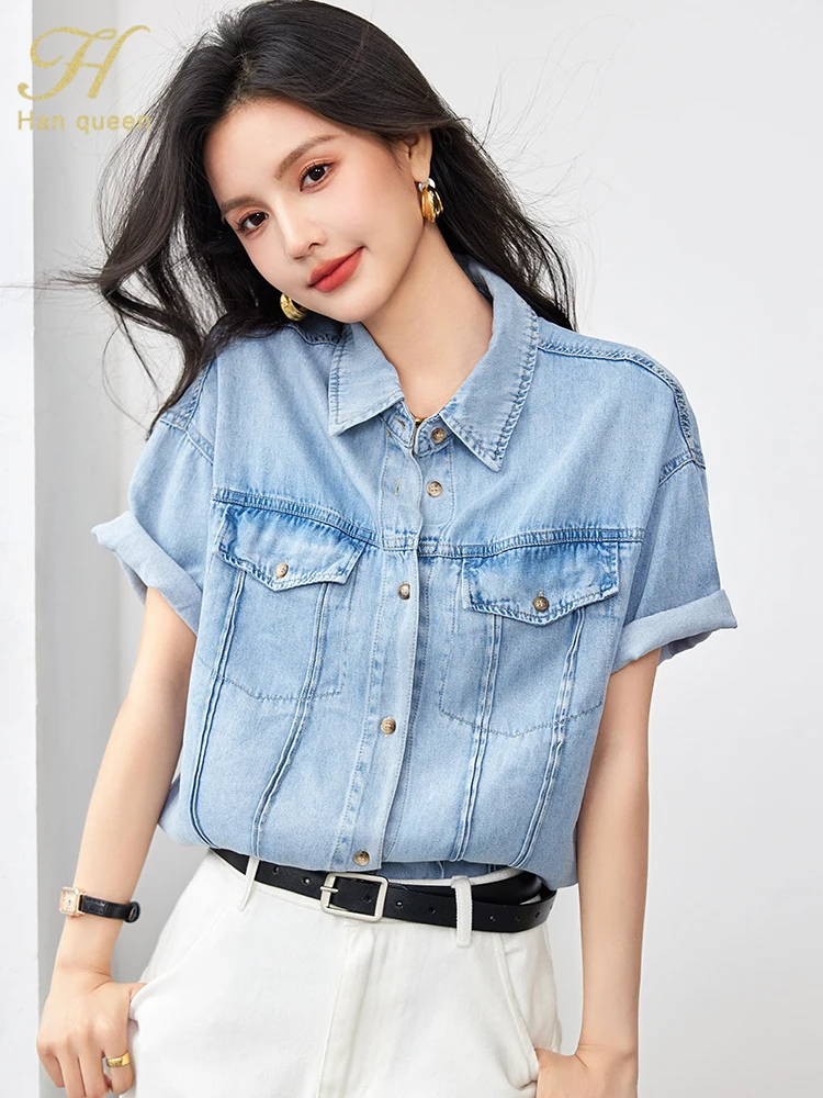 H Han Queen Summer Korean Women\'s Clothing Sales Basics Vintage Tops Short Sleeve Casual Blouse Work Wear Pockets Denim Shirts